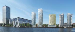 Ein geplantes Hotel am Osthafen (goldfarben) soll 63 Meter hoch werden, die beiden Wohnhäuser (links daneben) 110 und 99 Meter. 195 Wohnungen fänden darin Platz. 