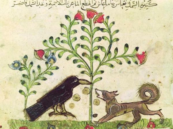 Der Fuchs und die Krähe: Eine Illustration aus der Fabelsammlung "Kalila and Dimna", die die Arabistin Beatrice Gründler erforscht.