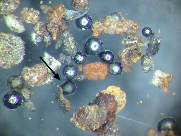 Zwischen Ziegelsteinfragmenten und Metallkügelchen findet sich ein einzelner Mikrometeorit (Pfeil).