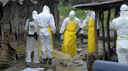 Tödlicher Erreger. Ein mutmaßliches Ebolaopfer wird von Helfern abtransportiert. 