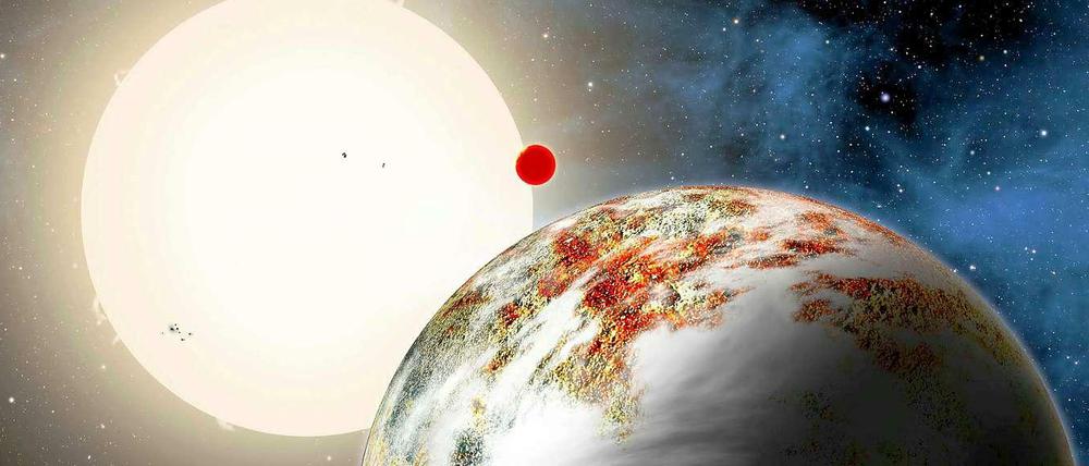 Riesiger Gesteinsklumpen. Der neu entdeckte Planet Kepler 10-c hat die 17-fache Masse der Erde. Die künstlerische Darstellung zeigt den Brocken mit einem kleineren Begleiter, die beide einen sonnenähnlichen Stern umkreisen. 