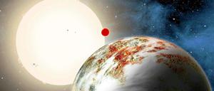 Riesiger Gesteinsklumpen. Der neu entdeckte Planet Kepler 10-c hat die 17-fache Masse der Erde. Die künstlerische Darstellung zeigt den Brocken mit einem kleineren Begleiter, die beide einen sonnenähnlichen Stern umkreisen. 