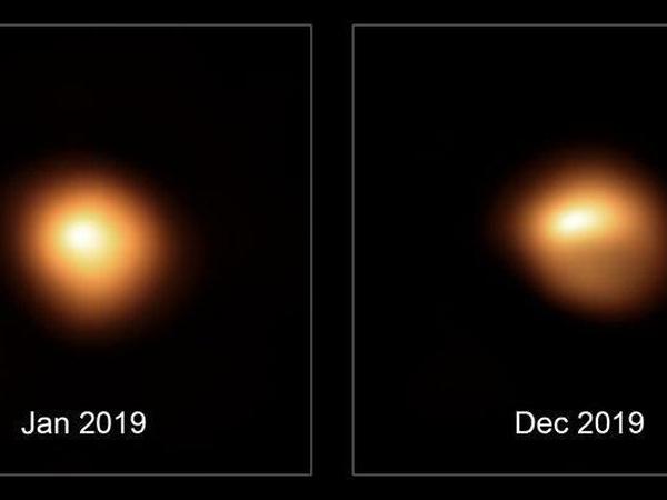 Helligkeitsveränderungen von Beteigeuze im Januar (links) und im Dezember 2019. Aufgrund der Asymmetrie schließen Astronomen auf die Existenz von riesigen Sternflecken.