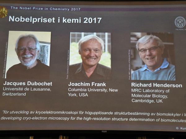 Die Preisträger des Nobelpreises für Chemie 2017: Jacques Dubochet (Schweiz), Joachim Frank (USA) und Richard Henderson (Großbritannien).