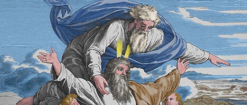 Gemälde, das darstellt, wie Gott Moses das verheißene Land zeigt.