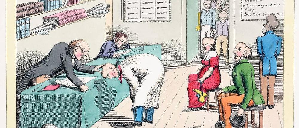 Irrglaube. Ein zeitgenössischer Karikaturist setzte sich um 1800 mit dem Begründer der Schädelkunde, Franz Joseph Gall (1758–1828), auseinander. Noch lange nach ihm wollten die Deutschen glauben, dass sie besonders große und besonders wohlgeformte Köpfe hatten. 