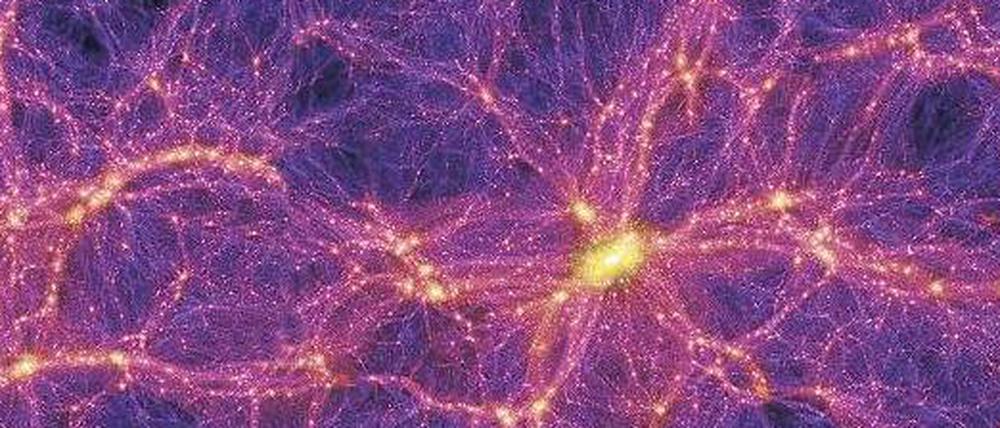 Kosmisches Netz. Die Simulation zeigt mit hellen Farben, dass sich die Dunkle Materie ebenso wie die sichtbare Materie entlang von „Fäden“ und „Knoten“ verteilt.