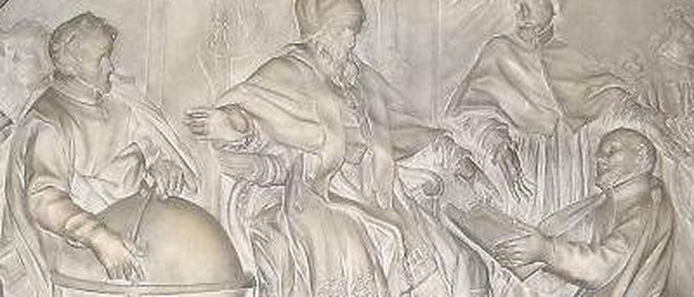 Übergabe. Von Aloisius Lilius ist kein Bild überliefert. Dafür eine Szene, die zeigt, wie dessen Bruder Papst Gregor XIII. den Kalender überreicht. 