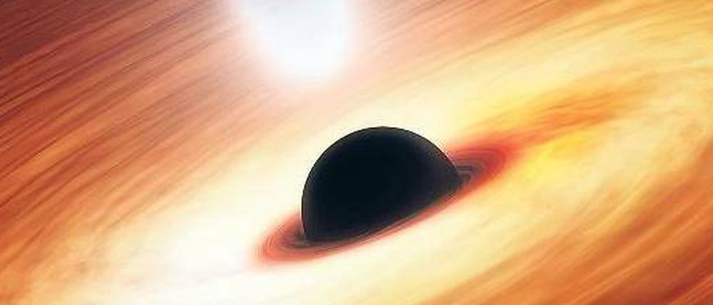Mächtiger Wirbel. Materie rotiert um ein Schwarzes Loch. Senkrecht dazu bilden sich „Jets“, gerichtete Gasströme.