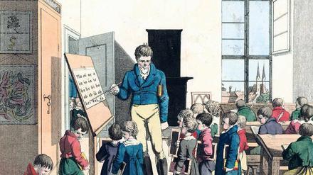 Ein Lehrer und seine Schüler in einem Kupferstich von 1835.