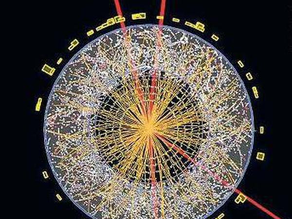 Beweisfoto. Die Aufnahme des Forschungszentrums Cern zeigt die Spur eines Higgs-Teilchens, erkennbar an vier Muon-Teilchen (rot), Zerfallsprodukte des Higgs. 