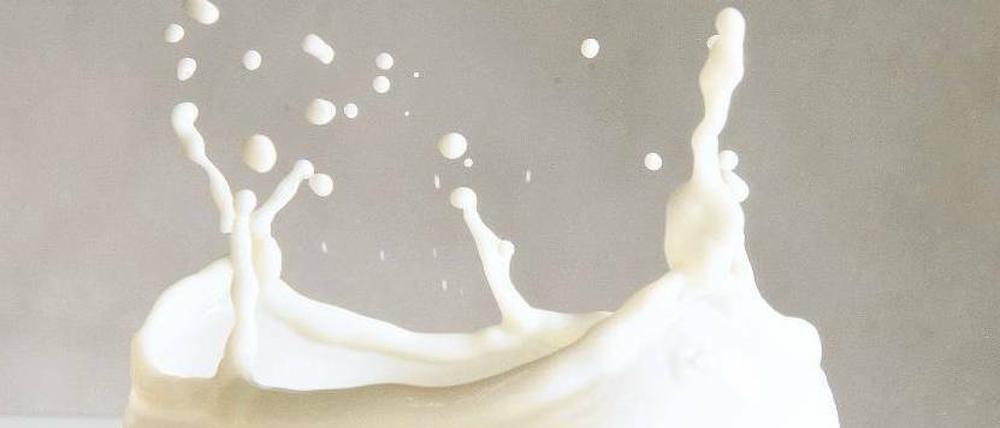 Spritzende Milch zeigt ein Nahrungsmittel, in dem natürliches Kalzium enthalten ist.