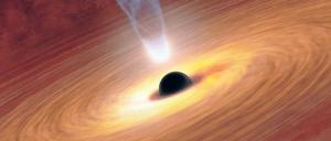 Kosmisches Karussell. Im Zentrum der Spiralgalaxie NGC 1365 haben Astronomen ein rotierendes Schwarzes Loch entdeckt. Auf ringförmigen Bahnen fliegt ihm Materie zu. Senkrecht dazu jagen Ströme energiereicher Teilchen, sogenannte Jets, ins All. 