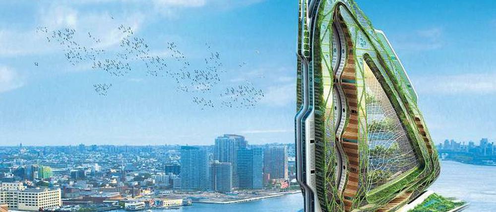 Plan mit Plantagen. Dieser Entwurf des belgischen Architekten Vincent Callebaut sieht einen 600 Meter hohen Wolkenkratzer in der Form eines Libellenflügels vor. Neben Wohnungen und Büroräumen wäre darin Platz für Obstgärten und Bauernhöfe. 