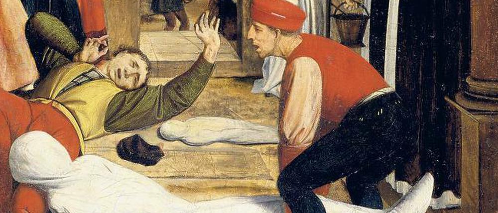 Apokalyptisch. Die Totengräber kamen kaum nach, die Opfer zu bestatten. Gleichzeitig waren sie besonders gefährdet, sich mit der Beulenpest anzustecken. Josse Lieferinxe malte im 15. Jahrhundert eine der wenigen exakten Darstellungen.