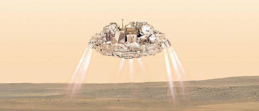 Landung mit Bremsrakete. Das sanfte Aufsetzen auf dem Mars ist eine große Herausforderung für die Weltraumtechnik.