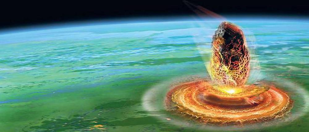Gewaltige Kraft. So stellt sich ein Künstler den Aufprall des Asteroiden vor, der vor 66 Millionen Jahren die meisten Lebewesen auf der Erde umbrachte. Bohrproben zeigen nun, dass das Gestein im Ground Zero wie ein Sandstrahl nach oben schoss.