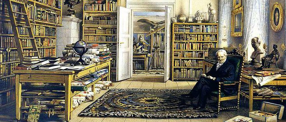 Berliner Zimmer. Alexander von Humboldt in der Bibliothek seiner Wohnung in der Oranienburger Straße 67. Hier verbrachte der Gelehrte die letzten 17 Jahre seines Lebens. 1842 bezog der 73-jährige den Wohnsitz im Herzen der preußischen Metropole.
