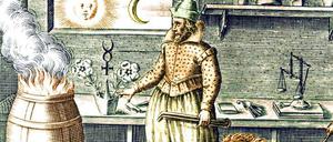 Eine spätmittelalterliche Darstellung zeigt einen Mann, der an einem Feuer-Fass mit einem Kunstobjekt aus Metall hantiert, im Hintergrund steht ein Löwe, der eine Schlange frisst.