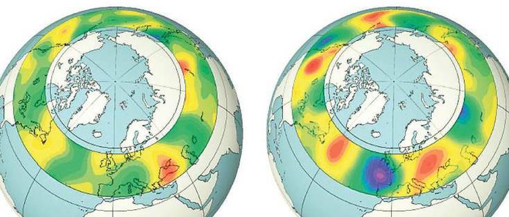 Mäandernd bläst der Jet-Stream mal südlich (gelb), mal nördlich (grün) um die Erde. Der Klimawandel beschleunigt die Luftmassen nach Süden (rot) wie gen Norden (blau). 