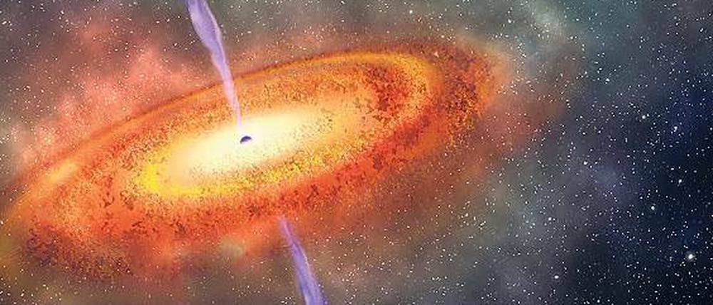 Hell. Schluckt ein Schwarzes Loch Sternenreste, entsteht Energie und damit Licht – ein Quasar entsteht. Grafik: R. Dienel/Carnegie Inst.