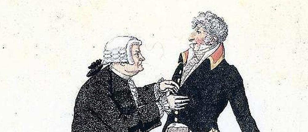 August Wilhelm Iffland als Fegesack und Franz Labes als Pfeil in Molières „Der Geizige“, nach einer Aufführung in Berlin um 1810. Iffland setzte sich leidenschaftlich für sein Ensemble ein – und stand selber zweimal pro Woche auf der Bühne.