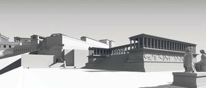 Virtuelles Modell des Stadtbergs von Pergamon. Blick von Südwest über die Altarterrasse mit der Treppenfront des Großen Altars – darüber das Athena-Heiligtum.