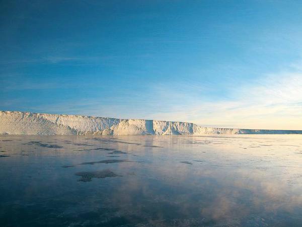 Junges Meereis in der antarktischen Bellingshausen-See. Bei den Dunstfetzen über dem Wasser handelt es sich um "Sea Smoke". Er bildet sich, wenn sehr kalte Luft auf Luft trifft, die sich über vergleichsweise warmem Wasser aufgeheizt hat. 