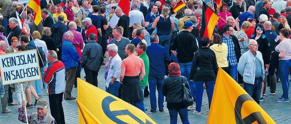 Pegida-Demonstranten in Dresden demonstrieren gegen die offene Gesellschaft.