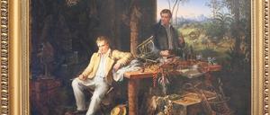 Alexander von Humboldt an einem Arbeitstisch mitten in der Wildnis.