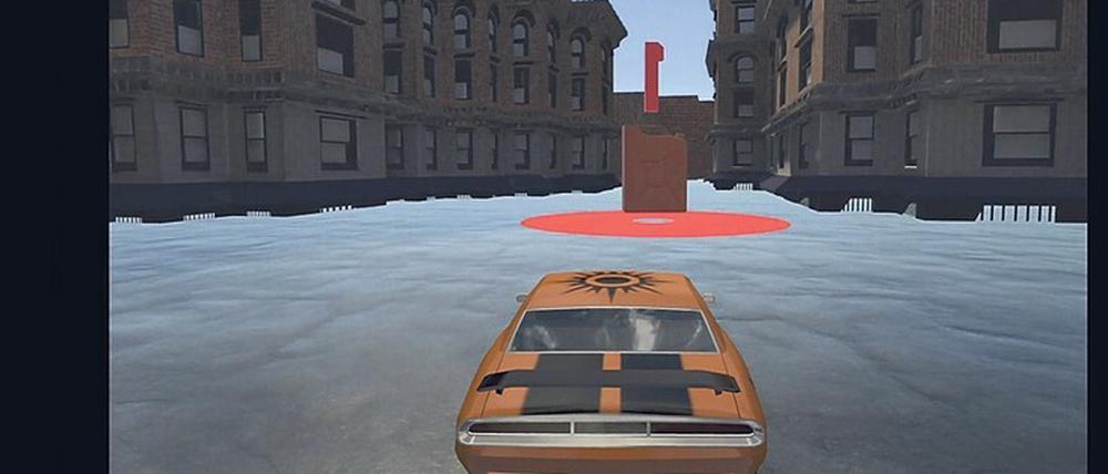 Ein Auto wird in einem Videospiel durch eine Stadtlandschaft gesteuert.