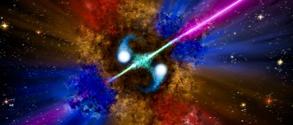 Im Zentrum dieser künstlerischen Darstellung des Gammastrahlenausbruchs 211211A ist ein Paar kompakter Sterne dargestellt, die sich in einem Fusionsprozess befinden. Bei der Verschmelzung wird ein ultra-relativistischer Jet (in Grün) freigesetzt, der bei der Wechselwirkung mit der umgebenden Materiewolke eine sehr energiereiche Strahlung aussendet (violett).