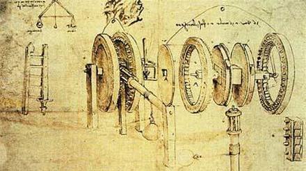 Eine Explosivzeichnung von Leonardo da Vinci aus dem Codex Atlanticus der Biblioteca Ambrosiana in Mailand: ein Zahnradgetriebe zerlegt in seine Einzelteile erläutert den Aufbau und das Ineinandergreifen der Bauteile.    