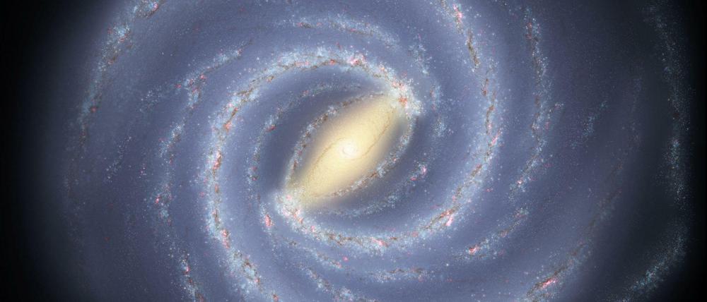 Darstellung der Milchstraße mit Schwarzem Loch im Zentrum. Das Sonnensystem liegt in der Zeichnung in einem der unteren Spiralarme der Galaxie. 
