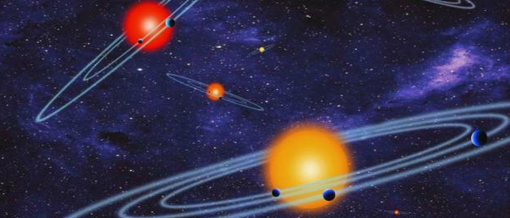 Ein Himmel voller Erden. Die künstlerische Darstellung zeigt wie zahlreiche Exoplaneten um ferne Sterne kreisen. Mit der neuen Analyse steigt die Zahl der nachgewiesenen Exoplaneten auf mehr als 1800. 