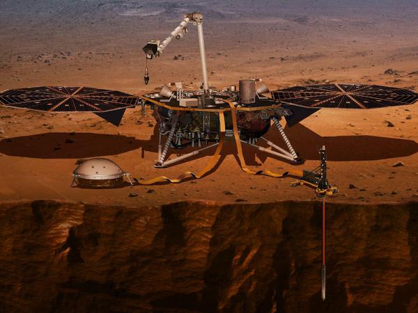 In der Illustration klappte das Experiment: Die Nasa-Sonde In­Sight mit dem Maulwurf im Marsboden.