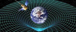 Delle in der Raumzeit. Die Erde mit ihrer großen Masse verbiegt die Raumzeit. Diesen Effekt hatte Einstein mit seiner allgemeinen Relativitätstheorie vorhergesagt. Der Nasa-Satellit "Gravity Probe B" hat ihn nachgewiesen. 