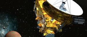 Am Ziel. Künstlerische Darstellung der Nasasonde "New Horizons" mit dem Zwerplanet Pluto und drei seiner fünf Monde. Im Juli soll die Sonde dicht an Pluto vorbeifliegen und zahlreiche Daten sammeln. 