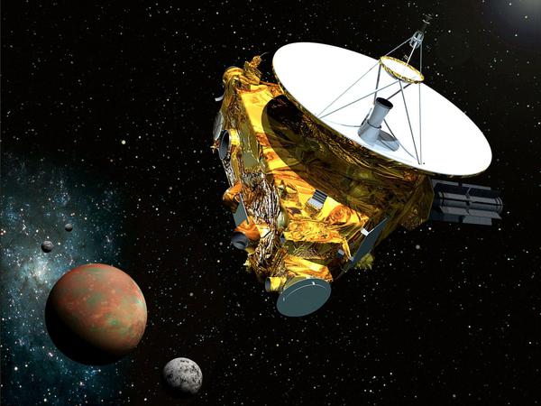 Ziel erreicht. Die künstlerische Darstellung zeigt die Nasa-Sonde mit dem Zwergplanet Pluto und drei seiner Monde. Am Dienstag soll das Raumfahrzeug im Abstand von 12.500 Kilometern an Pluto vorbeirasen - weiter zum Kuiper-Gürtel. 