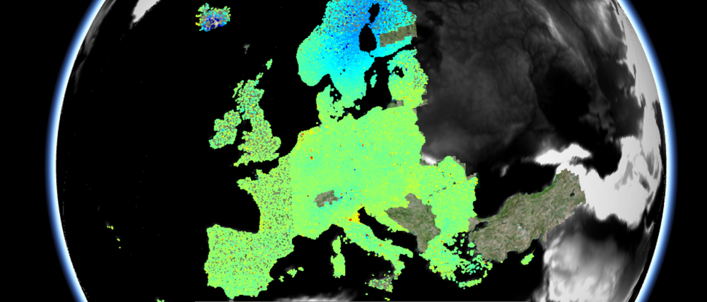 Auf der interaktiven Karte des European Ground Motion Service ist blau markiert, wo sich der Erdboden wie etwa großflächig in Skandinavien hebt. Absenkungen erscheinen rot.