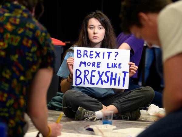 Eine britische Studentin hält ein Plakat mit der Aufschrift Brexit? More like Brexshit in die Kamera.