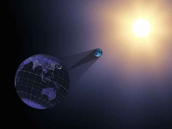Der Kernschatten des Mondes auf der Erde hat bei einer totalen Sonnenfinsternis einen kleineren, der Halbschatten einen größeren Durchmesser als der Mond selbst. Schuld sind Brechungs- und Streueffekte.