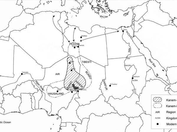 Eine Landkarte von Zentralafrika, in der der Tschadsee und die Gebiete Kanem und Borno eingezeichnet sind.
