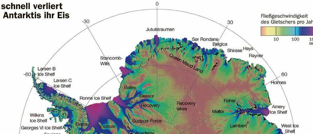 Die Gletscher der Antarktis fließen – je dunkler das Rot, umso schneller – zum Südozean hin ab. Die Daten, basierend auf Radarmessungen aus dem Zeitraum 1996 bis 2016, zeigen durchschnittliche Werte und einen deutlichen Trend: immer weniger Eis.
