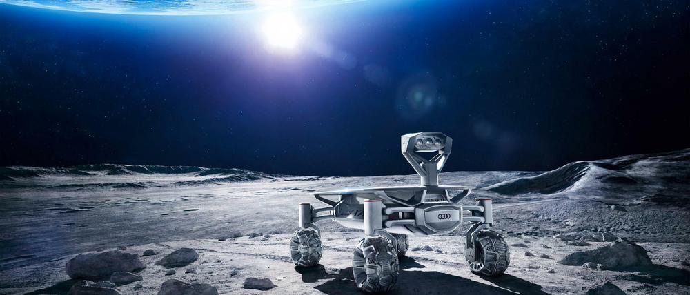 Auf dem Mond. Die Illustration zeigt, wie einer der beiden Rover auf dem Erdtrabanten umher fährt. 