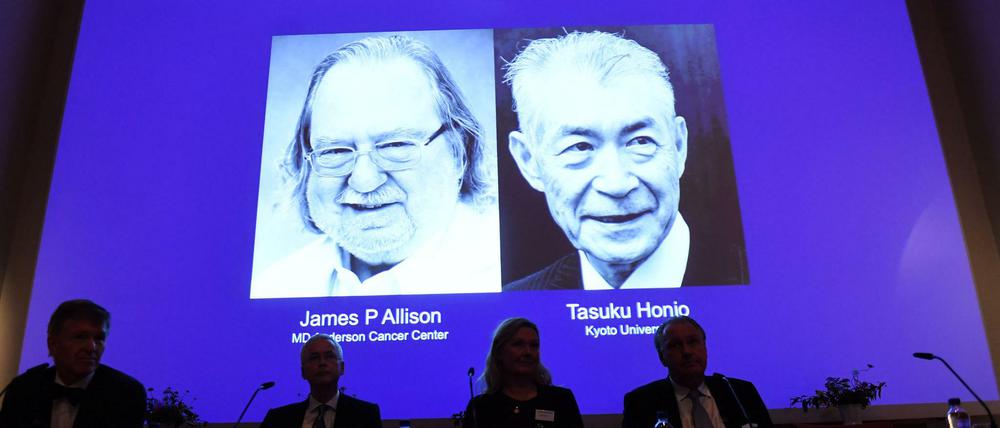 Die Nobelpreisträger für Medizin oder Physiologie 2018 sind der US-Amerikaner James P. Allison (links) und Tasuku Honjo aus Japan. 