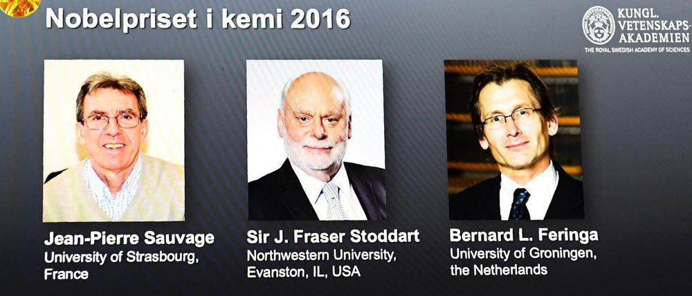 Die Preisträger in Chemie: Jean-Pierre Sauvage, Fraser Stoddart und Bernard Feringa. 