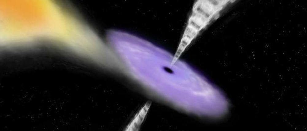 Die künstlerische Darstellung zeigt, wie sich um ein Schwarzes Loch eine Akkretionsscheibe bildet. Je näher die Materie dem Schwarzen Loch kommt, umso mehr wird sie zusammengedrängt und erhitzt. Ein Teil davon wird in Form von "Jets" ins All geschleudert. 